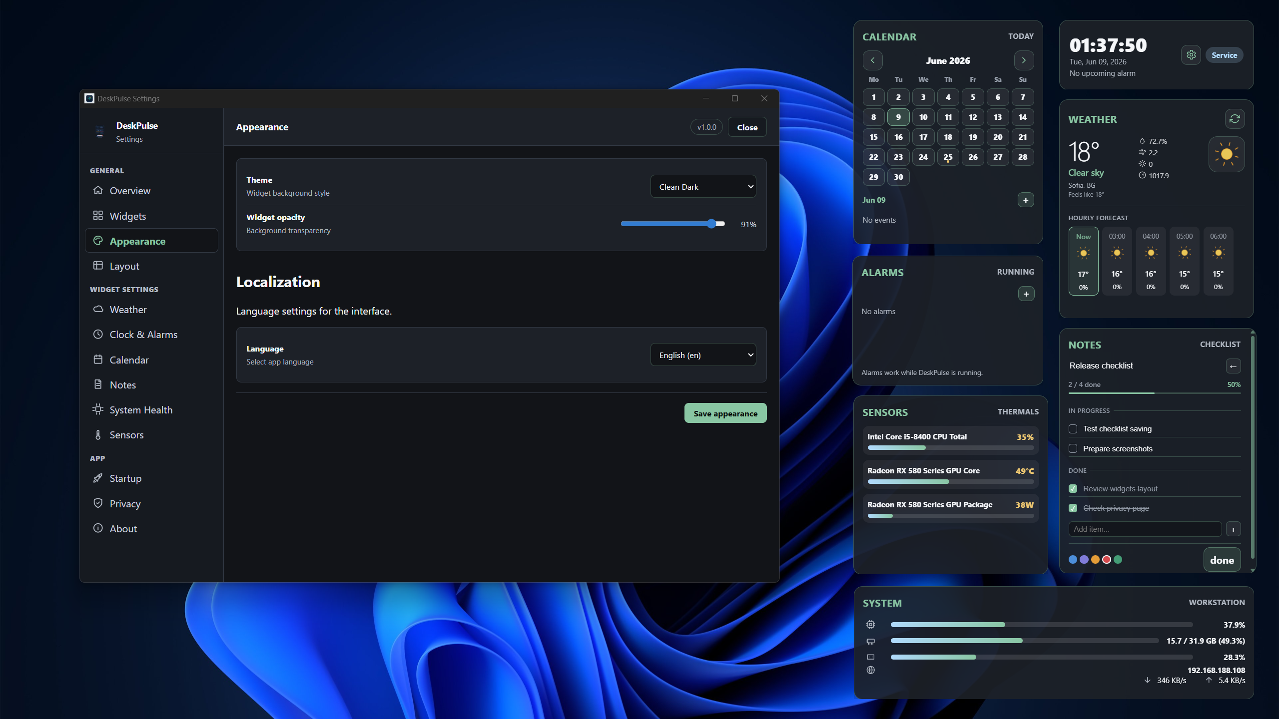 DeskPulse appearance configuration page with dark and light theme toggles.