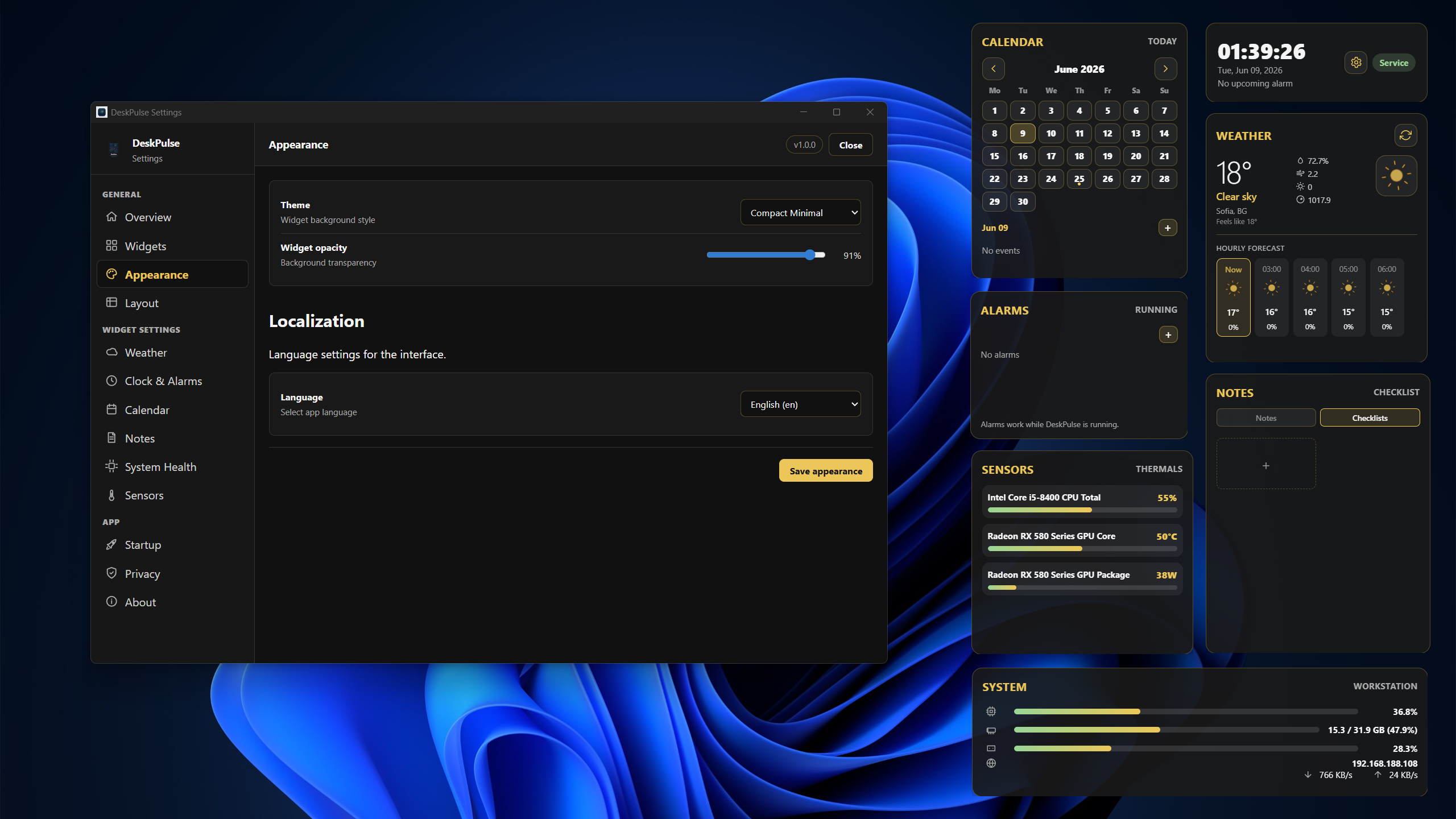 DeskPulse widgets rendering in compact mode with a yellow accent style.