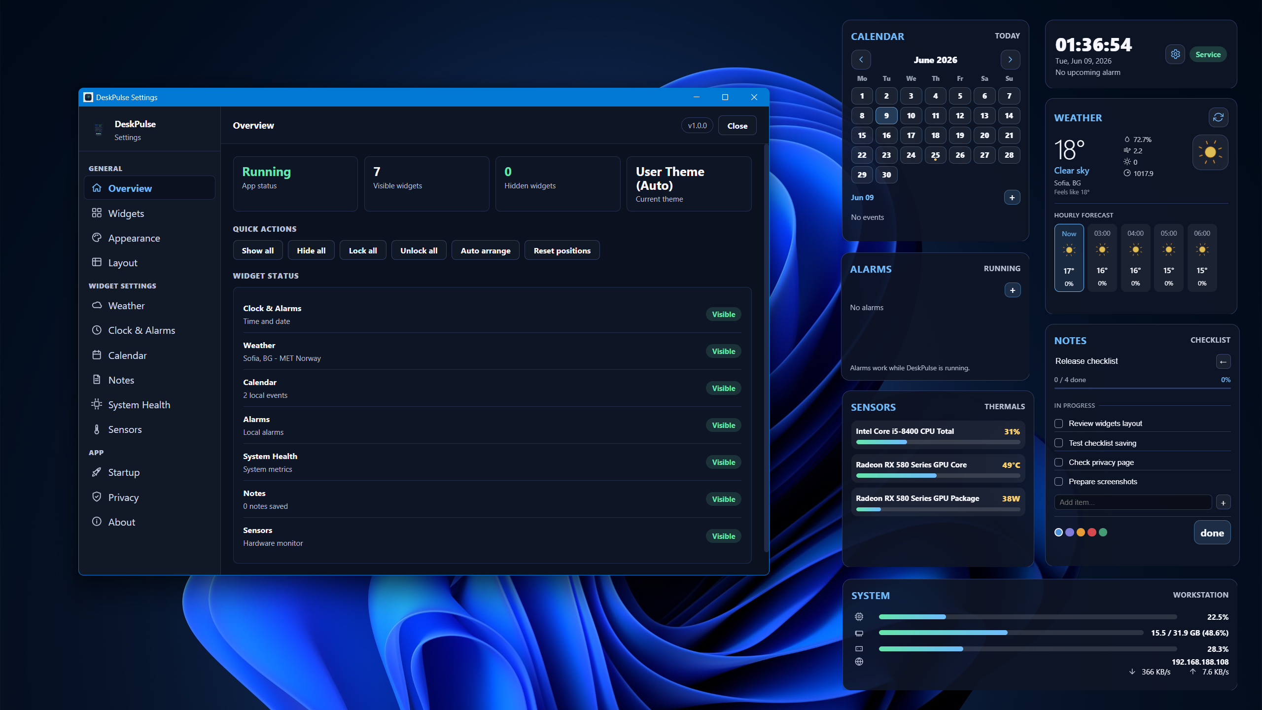 DeskPulse settings overview panel showing active widgets and status indicators.