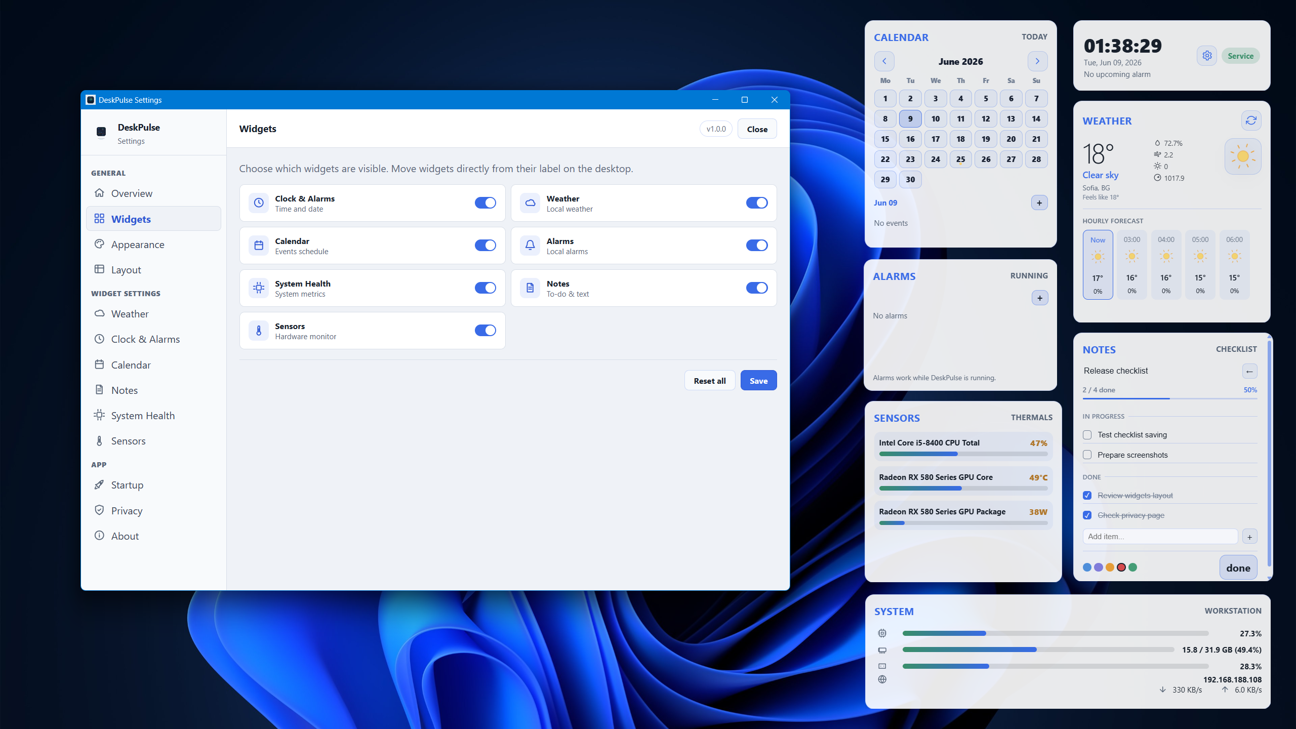 DeskPulse widget visibility and behavior configuration view.