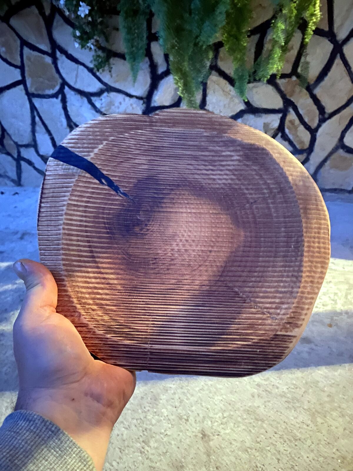 Hand finished shallow wooden bowl carved from hardwood